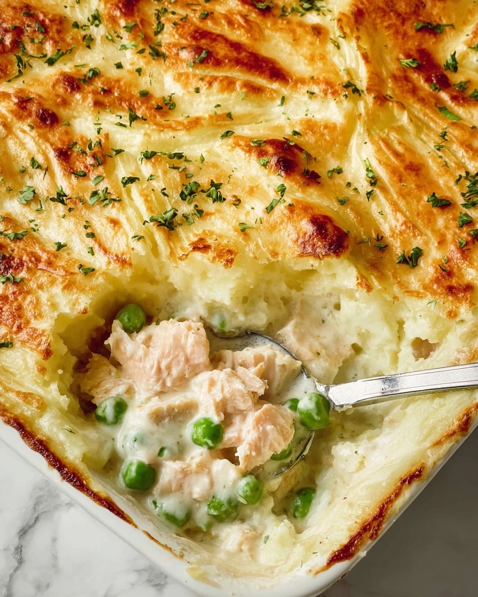 The image shows a baked dish with two main layers. The top layer is golden-brown, slightly puffy, and smooth with some darker toasted spots and sprinkled with small bits of green herbs. The bottom layer is creamy white and filled with chunks of pale pink and white fish pieces, along with bright green peas mixed in a thick white sauce. A silver spoon is scooping out a portion from the bottom left corner, revealing the soft texture under the golden top. The dish is in a white square baking dish and placed on a white marbled surface. photo taken with an iphone --ar 4:5 --v 7