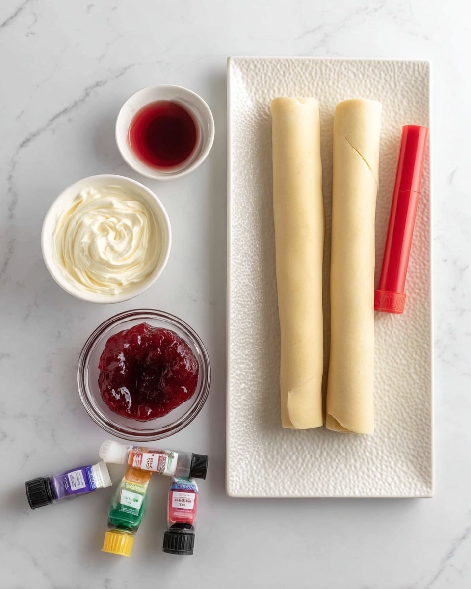 Two rolled pieces of pale beige dough lie side by side on a rectangular white plate with a subtle textured pattern. To the right of the dough rolls, a small bright red tube rests on the plate. Next to the plate on a white marbled surface, there is a small white bowl filled with smooth, creamy white frosting, and below it, a clear glass bowl holding reddish jam with a shiny surface and chunky texture. Below the bowls are five small plastic bottles of food coloring in the colors purple, dark green, red, yellow, and black, arranged loosely. Photo taken with an iphone --ar 4:5 --v 7