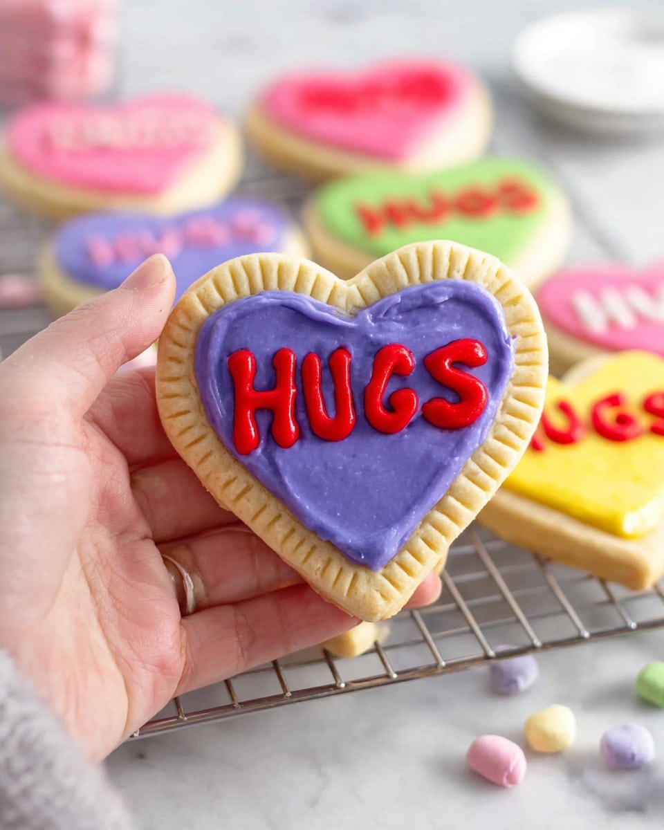 A close-up of a heart-shaped cookie is held by a woman's hand, showing three layers: a golden brown baked cookie base with crimped edges, a smooth thick layer of purple icing covering the center, and bright red icing spelling the word
