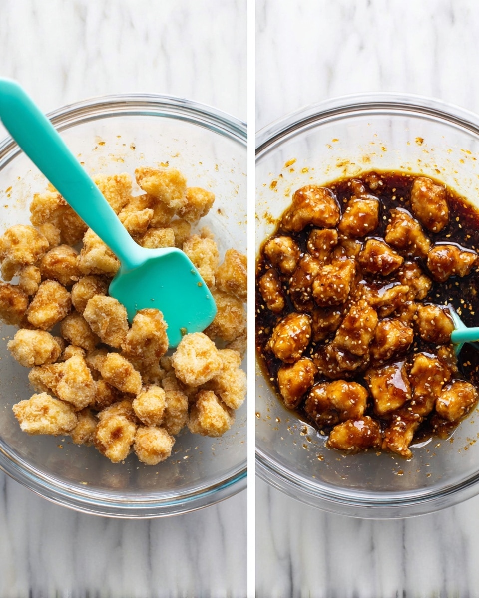 Two clear glass bowls sit on a white marbled surface. The left bowl holds many small, light golden brown pieces of fried food sitting on a dark brown sauce at the bottom, with a teal spatula resting inside. The right bowl has the same fried pieces now coated evenly in a glossy, thick dark brown sauce with specks of seasoning, with the teal spatula also inside. photo taken with an iphone --ar 4:5 --v 7