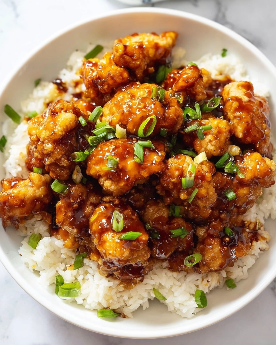 A white bowl filled with a base layer of cooked white rice, topped with several pieces of golden brown fried chicken coated in shiny dark brown sauce. The chicken pieces are scattered evenly over the rice and sprinkled with small bright green chopped scallions. The bowl is placed on a white marbled surface. photo taken with an iphone --ar 4:5 --v 7