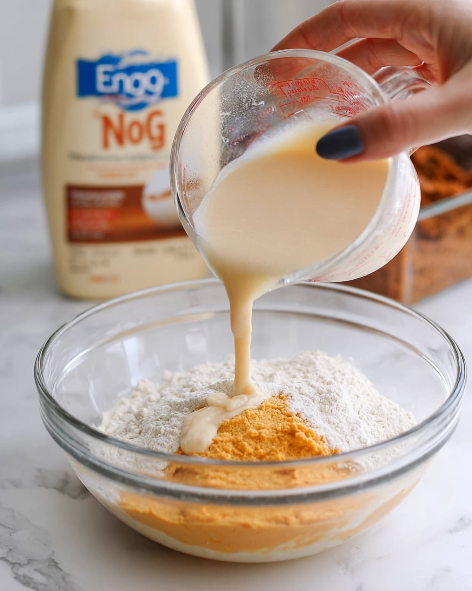 A clear glass bowl sits on a white marbled surface, filled with three distinct layers: a white powdery layer at the bottom, a thick orange layer on one side, and a pale creamy liquid being poured from a small clear measuring cup held by a woman's hand with dark gray nail polish. In the background, out of focus, a large bottle labeled