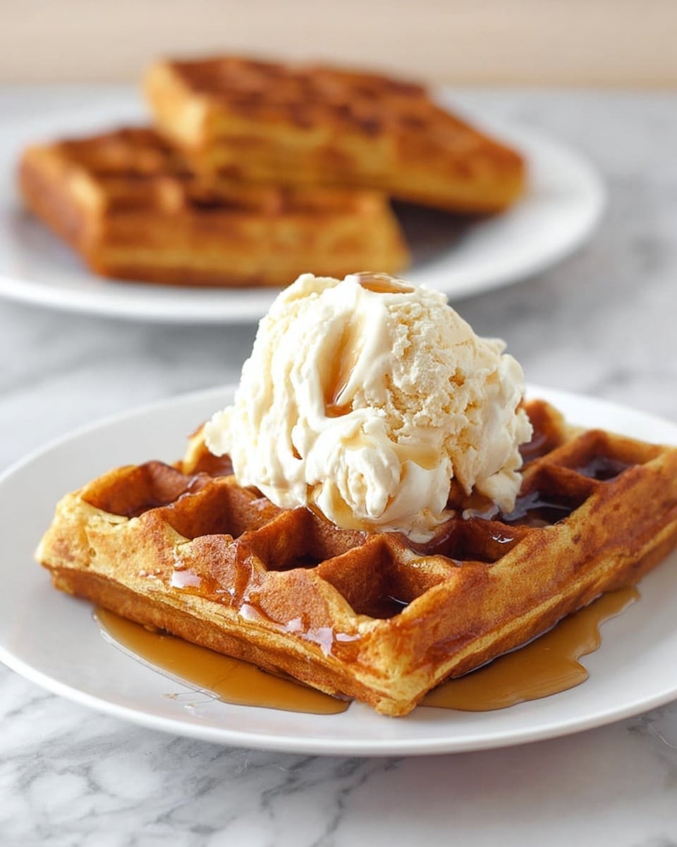 A white plate holds a thick, square golden-brown waffle with defined grid patterns. On top of the waffle is a large scoop of creamy off-white ice cream, slightly melting and showing soft texture. Maple syrup is drizzled over the waffle, pooling in its square pockets and running lightly onto the plate. In the background, slightly out of focus on a white plate, are two more plain golden-brown waffles. The setting features a white marbled surface beneath the plates. photo taken with an iphone --ar 4:5 --v 7
