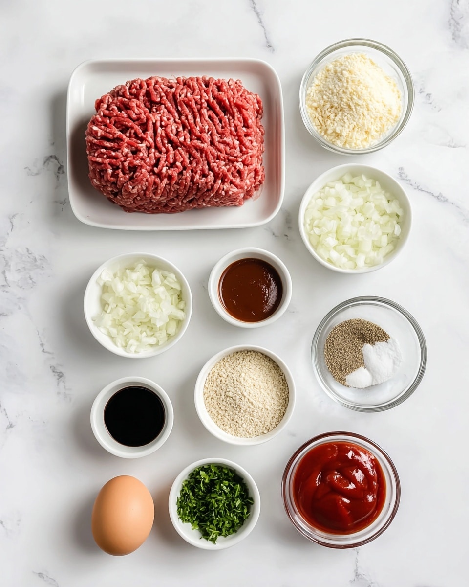 The image shows raw ingredients arranged neatly on a white marbled surface. There are ten small white bowls and one clear glass bowl, each holding different items: finely chopped white onions, light beige breadcrumbs, a mixture of salt and black pepper, minced garlic, dark brown soy sauce, smooth red ketchup, brown sugar, fresh green parsley, and white salt. A single brown egg is placed near the center. On the left, a white dish holds a layer of raw ground beef with a textured surface made by the meat's lines. The items are evenly spaced, presenting a clean and organized look. Photo taken with an iphone --ar 4:5 --v 7