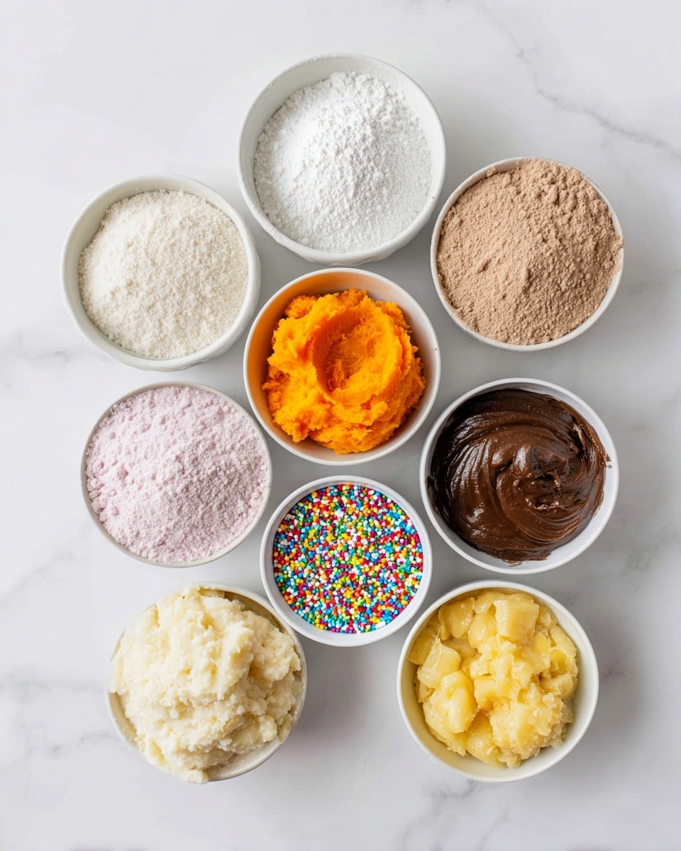 A top view of nine white bowls arranged on a white marbled surface, each holding different ingredients. Starting at the top center, there is a bowl filled with fine white powder. To its right, a bowl with bright orange mashed pumpkin. Below, there is a bowl with light brown flour or powder, next to it on the right is a bowl of smooth dark brown chocolate spread. Below the top center bowl and to the left is a bowl with creamy white mixture. Near the center is a bowl with chunky mashed banana. Below that is a small bowl filled with colorful round sprinkles in red, yellow, green, blue, and purple. Further below is a bowl with light yellow applesauce. On the bottom left is a bowl with pale pink powder. All bowls are neatly placed and the image has bright natural light. Photo taken with an iphone --ar 4:5 --v 7