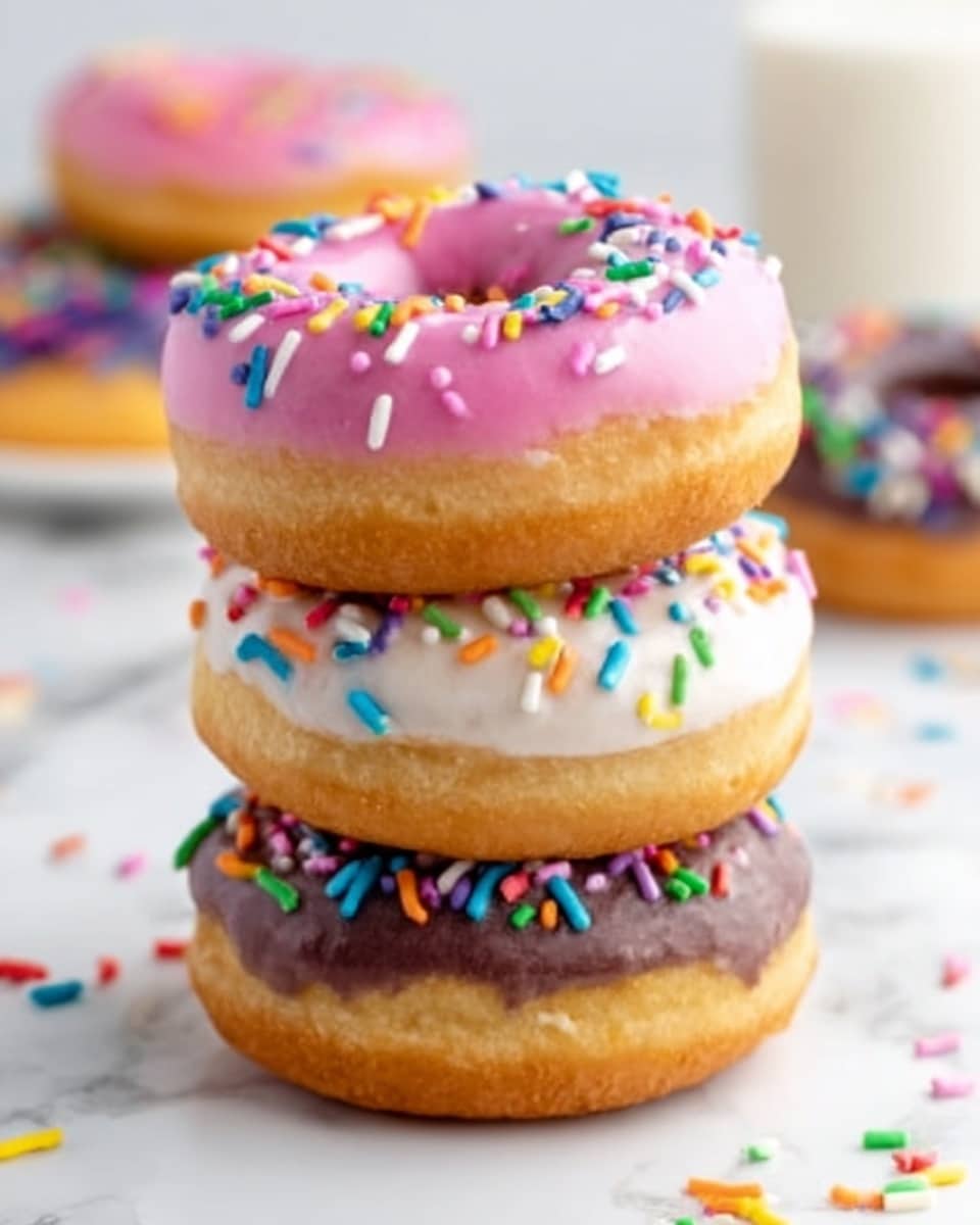 The image shows seven donuts placed on a white marbled surface. There are three donuts with pink icing topped with colorful sprinkles, two donuts with white icing and colorful sprinkles, and two donuts with shiny dark chocolate icing covered in colorful sprinkles. One of the chocolate iced donuts has a visible bite taken out of it, showing the soft, dark inner texture. The donuts are scattered naturally with some spacing, highlighting their round shapes and vibrant decorations. photo taken with an iphone --ar 4:5 --v 7
