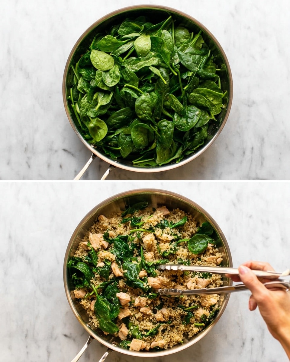 In the first image, there is a round silver pan filled with fresh dark green spinach leaves covering the entire pan surface, sitting on a white marbled background. In the second image, the same pan now contains the spinach mixed with chunks of light brown cooked chicken and fluffy beige quinoa, with a woman's hand holding silver tongs stirring the ingredients together, the white marbled background visible underneath. Photo taken with an iphone --ar 4:5 --v 7