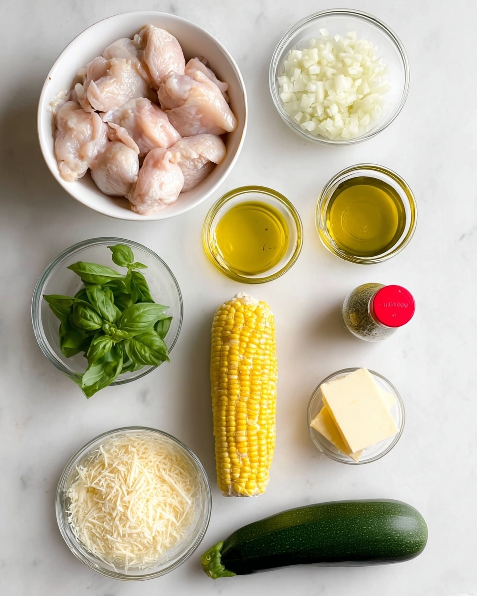 The image shows several ingredients laid out on a white marbled surface. In the top left, there is a white bowl filled with raw chicken pieces, light pink in color with a smooth texture. To the right of the chicken, there is a small white bowl filled with finely chopped white onion pieces. Below the chicken, a glass bowl holds fresh green basil leaves with a smooth texture, next to a whole ear of yellow corn with its kernels clearly visible. A glass bowl of golden yellow olive oil sits near the top right, next to a spice container of oregano leaves with a red cap. Below the corn, a whole dark green zucchini with a smooth surface lies horizontally. Near the bottom, a glass bowl contains finely shredded pale yellow parmesan cheese, and to its right, another small glass bowl holds a single pale yellow stick of butter. The arrangement is neat and spaced out evenly. Photo taken with an iphone --ar 4:5 --v 7