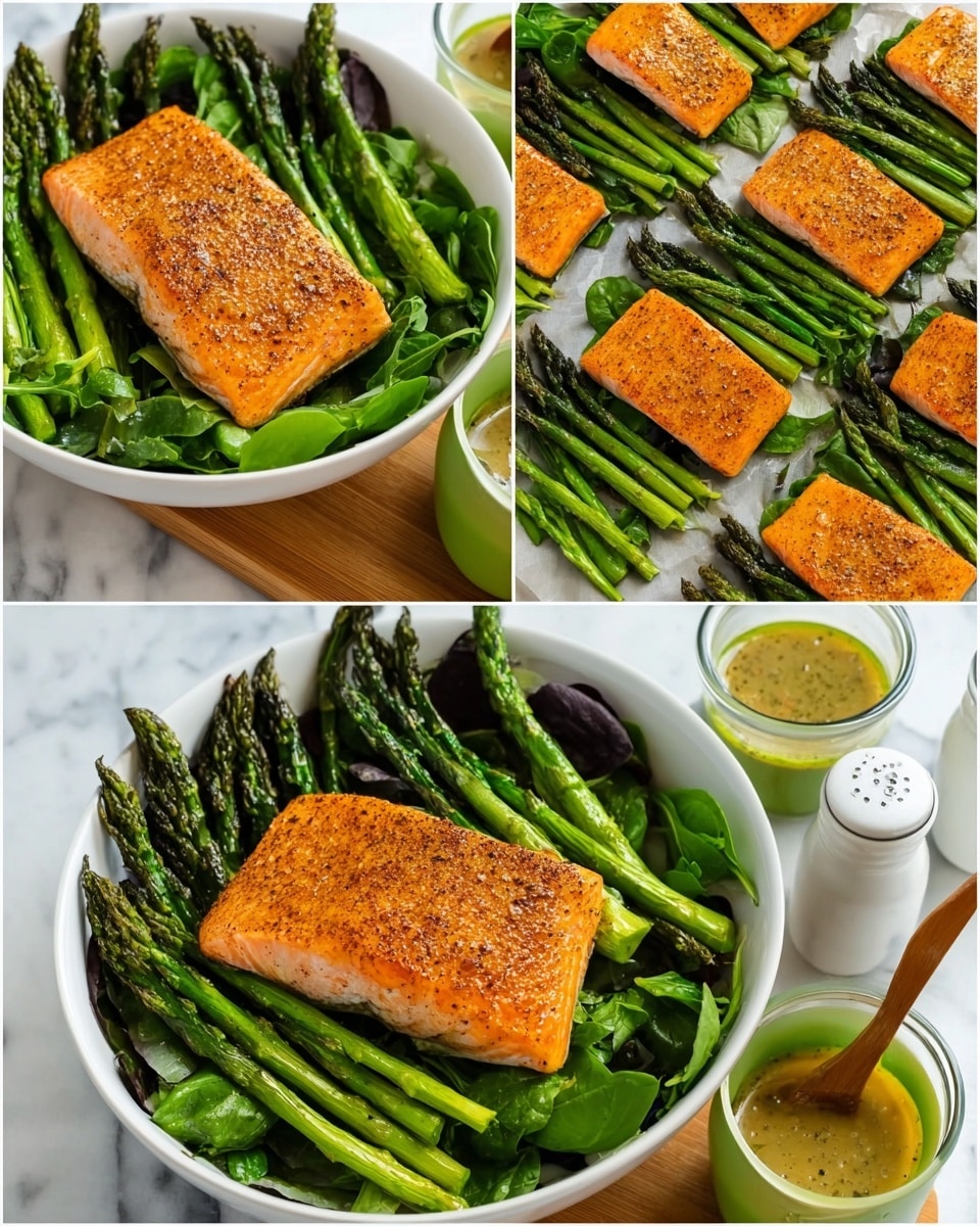 The final dish shows two white bowls on a white marbled surface, each filled with a green leafy salad base topped with whole roasted asparagus stalks arranged in one layer. On top of the asparagus in each bowl lies a single rectangular piece of seasoned, cooked salmon with a slightly crispy, golden-brown surface. In the background, there is a small green bowl with dressing and white salt and pepper shakers, all on the same white marbled table. The colors are vibrant with dark green asparagus and leafy greens contrasting against the warm orange-brown salmon. The overall look is fresh and healthy with clean plating, photo taken with an iphone --ar 4:5 --v 7