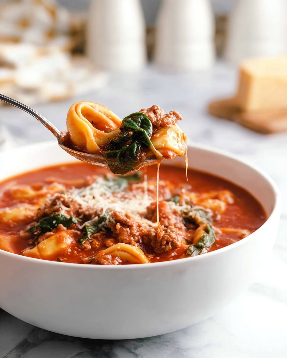 A white bowl filled with a rich red tomato soup with tortellini pasta and small pieces of cooked meat, topped with green spinach leaves and grated cheese. A spoon holds a scoop of the hot soup, showing the layered textures: soft pasta, chunky meat, wilted spinach, and melted cheese on top. The background is a white marbled texture with blurred white kitchen items. Photo taken with an iphone --ar 4:5 --v 7