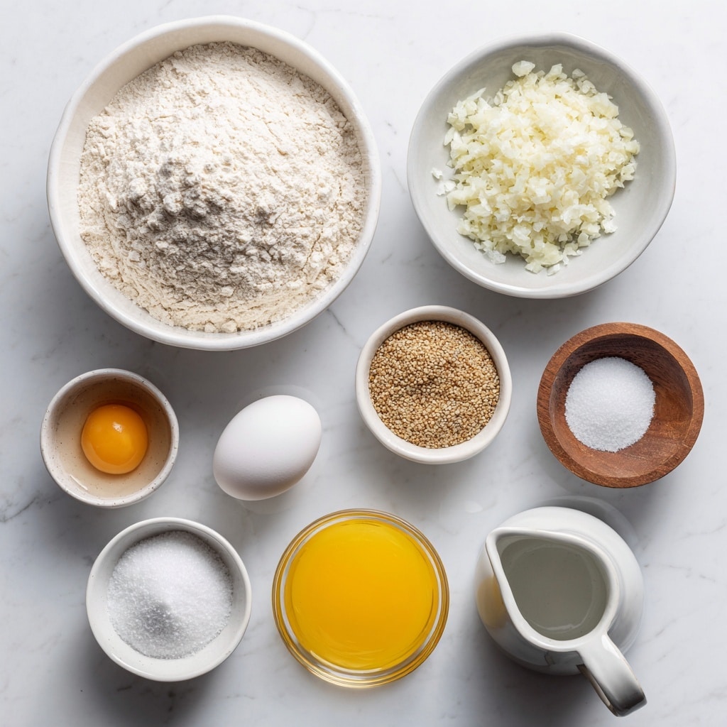 The image shows nine ingredients arranged neatly on a white marbled surface. At the top left, a large white bowl holds a pile of fine white flour with a light, powdery texture. To the right of the flour is a small white bowl filled with finely chopped white onion pieces. Below the flour are small white dishes with instant yeast, a mixed seed blend labeled