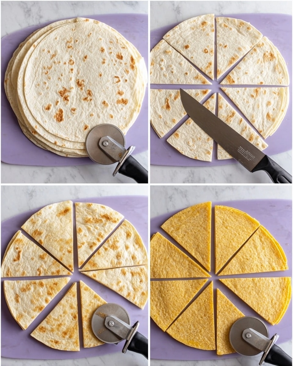 The image shows four photos in a grid on a white marbled surface. The first photo has a stack of white tortillas with light brown spots on the left side and a black-handled pizza cutter on the right. The second photo shows the same stack of tortillas cut into eight triangular slices, evenly spread out, with the pizza cutter still on the right. The third photo shows a stack of yellow corn tortillas on the left with clear texture lines and the pizza cutter on the right. The fourth photo shows the yellow corn tortillas cut into eight triangular slices, spread evenly with the pizza cutter again on the right. The colors highlight the difference between the white flour tortillas and yellow corn tortillas, all presented on a white marbled surface photo taken with an iphone --ar 4:5 --v 7