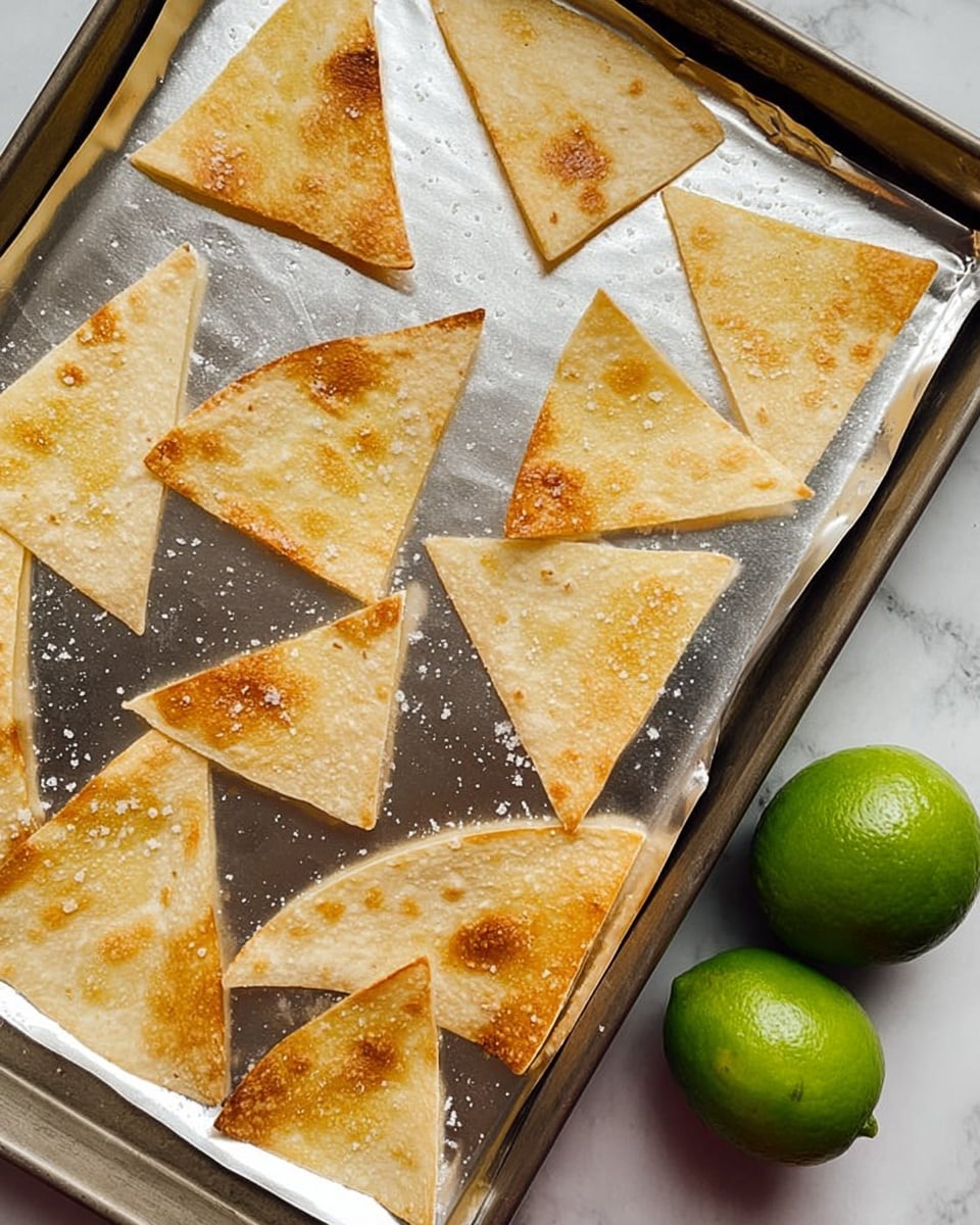 The image shows a silver baking tray covered with foil with several triangle-shaped, lightly browned chips spread evenly on it. The chips have a crisp texture with slightly darker spots from baking and a few visible granules of salt on top. Two whole green limes sit on the white marbled surface near the bottom right corner of the tray. The lighting highlights the chips' golden color and the shiny foil underneath, all placed against a clean white marbled background. photo taken with an iphone --ar 4:5 --v 7
