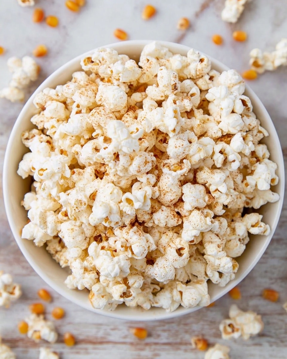 A white bowl filled with a large pile of light, fluffy popcorn with some pieces showing a light brown seasoning sprinkled unevenly on top. The popcorn is layered densely, filling the bowl almost to the rim. The white bowl sits on a white marbled surface, with small yellow-orange corn kernels scattered around it. The image shows a natural overhead view, capturing the texture and colors of the popcorn and the bowl clearly, photo taken with an iphone --ar 4:5 --v 7