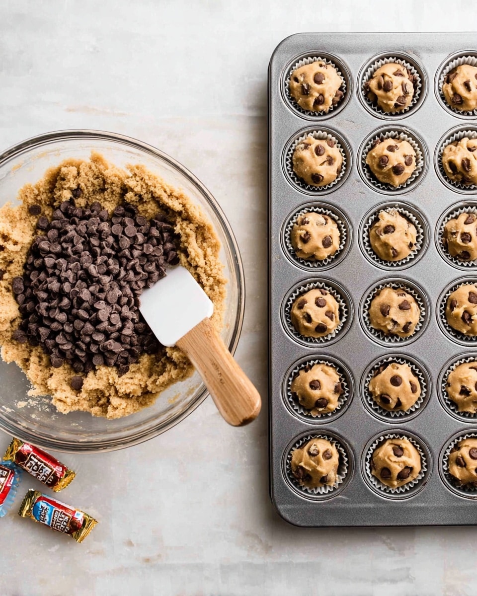 The image is split into two side-by-side parts. On the left, there is a clear glass bowl on a white marbled surface filled two-thirds with a light brown chunky dough mixture and topped with a large pile of small dark brown chocolate chips, with a white spatula having a wooden handle resting in the bowl. On the right, there is a metal muffin tray on a white marbled surface with 24 wells, each filled with a rounded scoop of light brown dough studded with chocolate chips, forming 24 small dough balls in neat rows. A few small candy wrappers are partially visible to the bottom left. Photo taken with an iphone --ar 4:5 --v 7