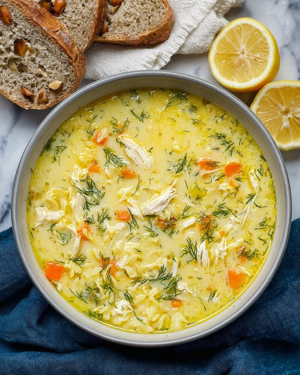 A deep white bowl filled with creamy yellow chicken soup that has visible small pieces of shredded white chicken, small orange carrot cubes, and short, oval-shaped pasta bits. On top, there are small green pine-like dill herb sprinkles spread evenly. Behind the bowl, two slices of crusty brown bread with visible nuts sit on a white cloth. Also, two lemon halves with bright yellow flesh rest near the bowl. The whole setting is placed on a white marbled surface with a blue cloth napkin partly under the bowl. Photo taken with an iphone --ar 4:5 --v 7