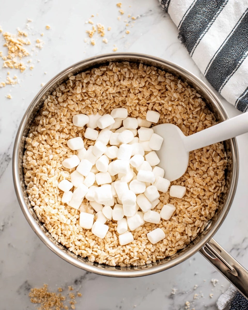 The image shows a silver cooking pot on a white marbled surface, filled with light brown puffed rice cereal as the bottom layer covering the entire pot base. On top of the cereal, there is a medium pile of small, white marshmallows scattered in the center, some spread towards the edges. A white spatula is placed inside the pot resting diagonally, with the handle leaning to the upper right. A black and white striped cloth is partially visible in the upper right corner. Small cereal crumbs are scattered on the marbled surface outside the pot. Photo taken with an iphone --ar 4:5 --v 7