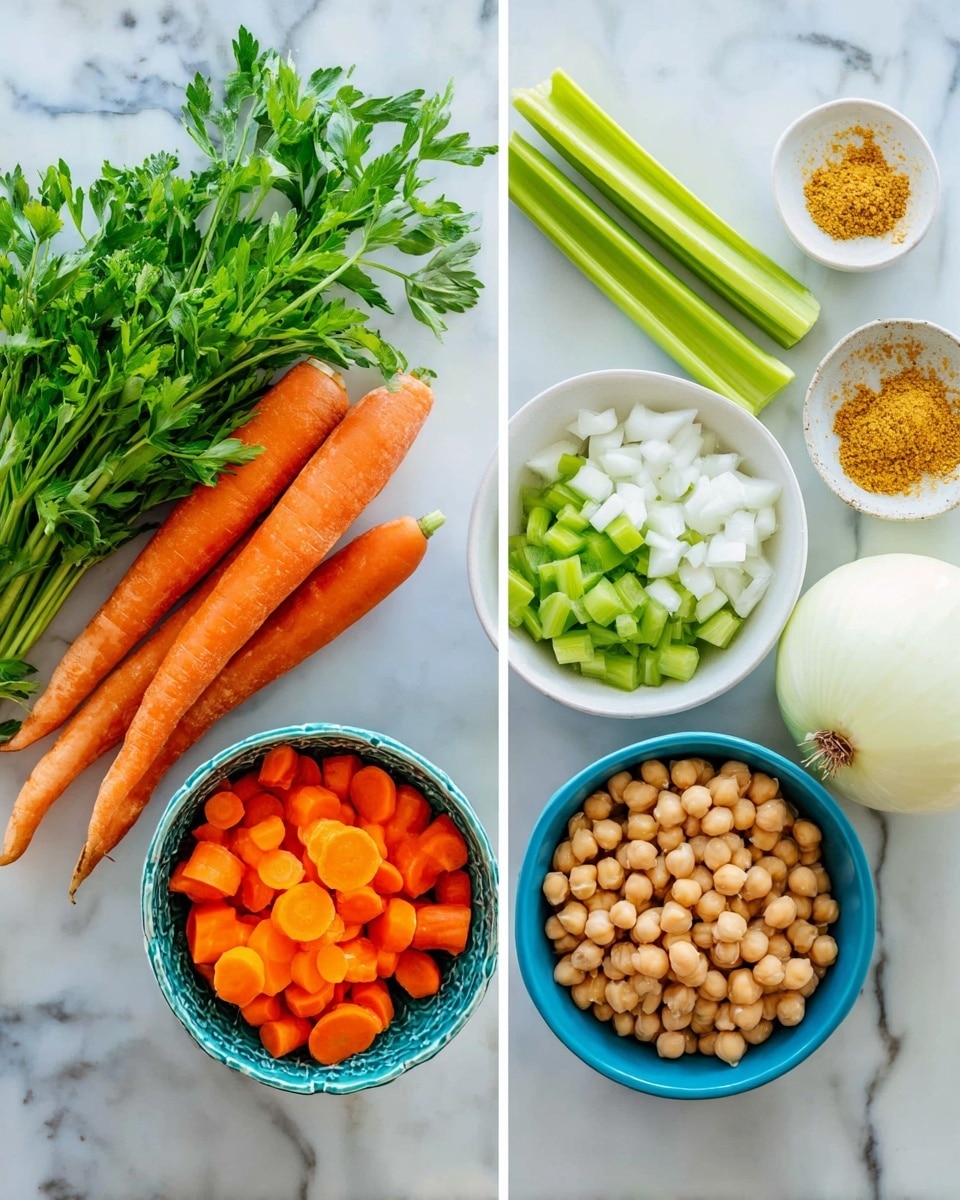 The image shows fresh ingredients on a white marbled surface, with a bunch of green parsley on the left, two whole bright orange carrots next to it, three green celery stalks with leaves beside the carrots, and a large white onion cut in half on the right. On the right side of the image are four bowls placed on the same white marbled surface: a white bowl filled with chopped celery pieces in the bottom center, a white bowl with finely chopped white onions on the top right, a blue bowl full of sliced bright orange carrots on the upper left, and another blue bowl filled with light brown chickpeas on the bottom left. A small dish with a yellow spice powder sits above the carrot bowl. The whole scene is bright with fresh colors, set neatly on the white marbled background. Photo taken with an iphone --ar 4:5 --v 7