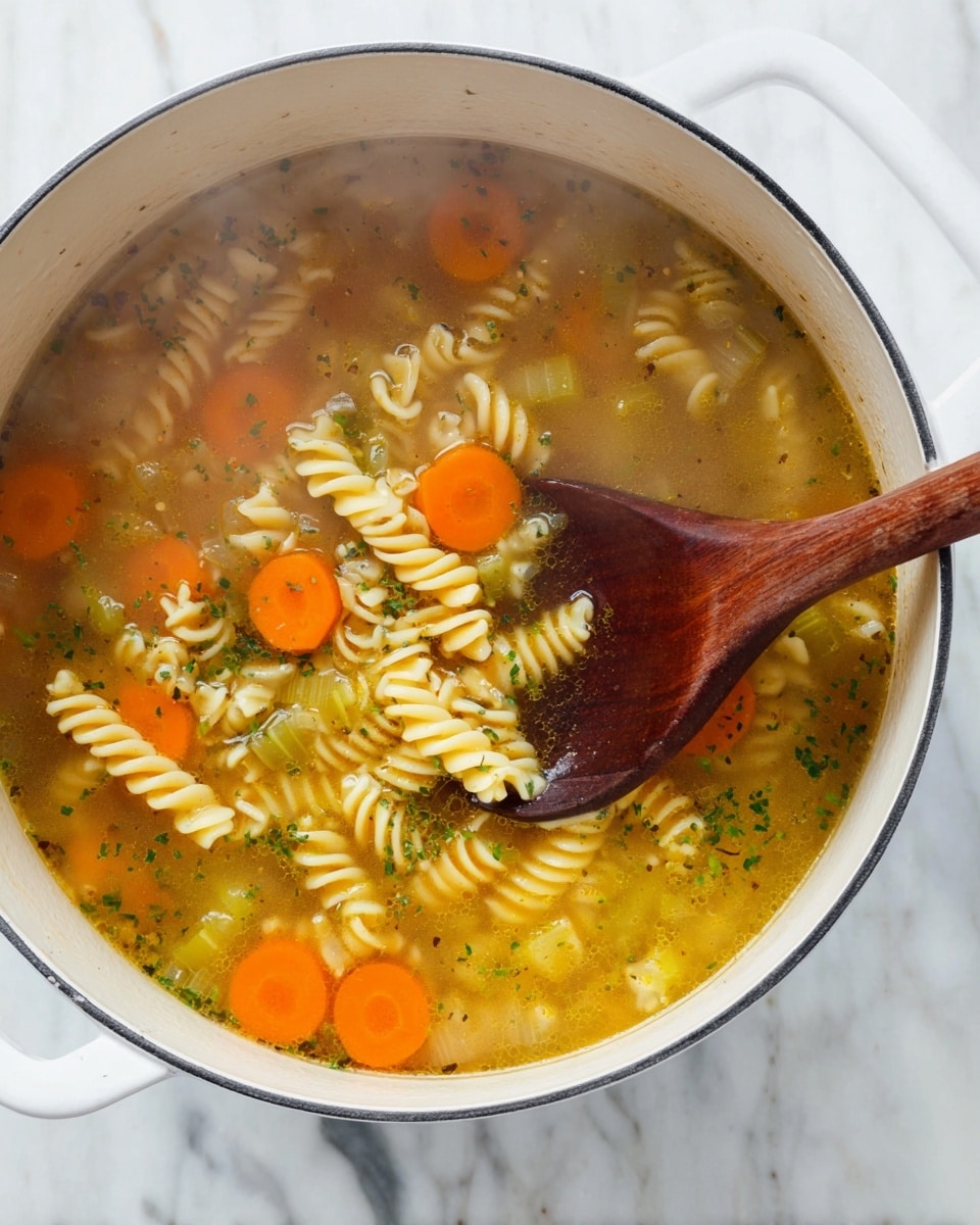 A white pot filled with clear broth soup shows one layer of bright orange carrot slices and light green celery pieces floating alongside light yellow spiral pasta pieces, with small green herb bits scattered throughout the broth. A wooden spoon rests inside the pot, partially submerged and lifting some of the pasta and vegetable mix, with steam rising from the warm soup. The pot sits on a white marbled surface. Photo taken with an iphone --ar 4:5 --v 7