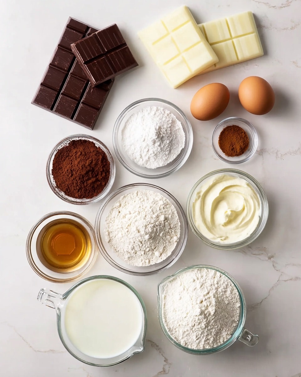 The image shows a collection of baking ingredients neatly arranged on a white marbled surface. At the top center, there are two large chocolate bars, one dark brown and one white, placed next to two brown eggs. Surrounding these are small glass bowls containing cocoa powder, vanilla extract, salt, and cinnamon, all with distinct colors and textures. Below, there are medium-sized bowls filled with white flour, powdered sugar, vegetable oil, sour cream with brown streaks, milk, and a small amount of cream in a tiny pitcher. The clear glass bowls and pitcher highlight the different textures, from powders to liquids, set against the clean surface. Photo taken with an iphone --ar 4:5 --v 7