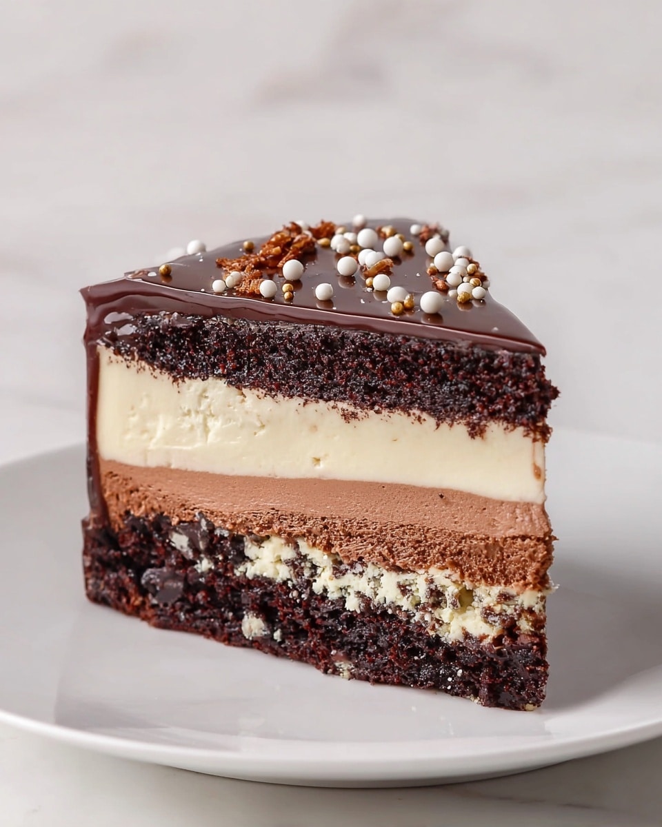 A slice of layered cake is shown on a white plate with a white marbled texture background. The cake has five visible layers: the bottom layer is dark chocolate cake, followed by a smooth milk chocolate mousse layer, then a creamy white layer, topped with another dark chocolate cake layer. The top is covered with a thick, shiny milk chocolate glaze decorated with small round sprinkles in white, brown, and dark colors along with a few tiny brown chocolate bits. The cake looks moist and rich. Photo taken with an iphone --ar 4:5 --v 7