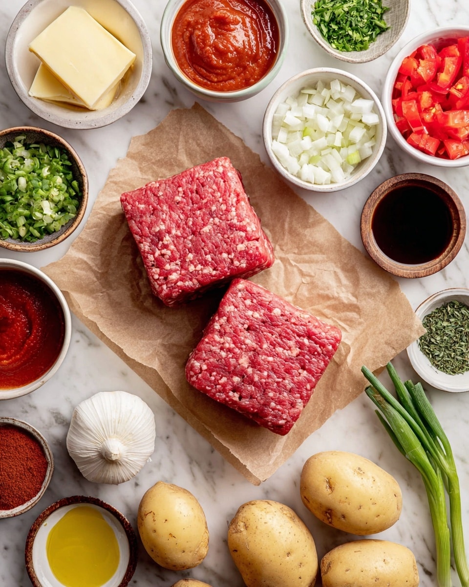 Two square blocks of raw ground beef with light fat specks rest on brown parchment paper in the center. Surrounding them are small white bowls filled with bright red tomato paste with a smooth texture, chopped red bell peppers, chopped white onions, minced garlic, whole grain mustard, fresh green herbs, finely chopped green onions, and a small wooden bowl of red paprika powder. There are also small dishes containing light yellow melted butter, dark brown soy sauce, clear oil, salt and black pepper, whole garlic bulb, peeled chopped potatoes in a white bowl, and two whole potatoes. Everything is arranged on a white marbled surface. photo taken with an iphone --ar 4:5 --v 7
