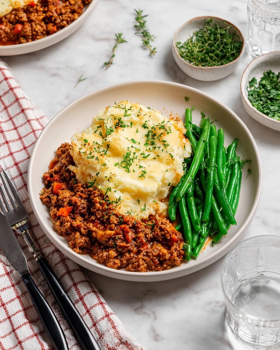 A white round plate contains three layers of food arranged in sections. On the left is a thick layer of brown minced meat stew with orange and red bits mixed in. On top of the meat, slightly overlapping, is a layer of creamy mashed potatoes, lightly browned on the surface and sprinkled with small green herbs. To the right of the mashed potatoes is a neat row of bright green cooked green beans with a shiny texture. The plate sits on a white marbled surface, with a fork and knife with black handles resting on a white and red checkered cloth near the edge. Small bowls of green herbs and water glasses are nearby. Photo taken with an iphone --ar 4:5 --v 7
