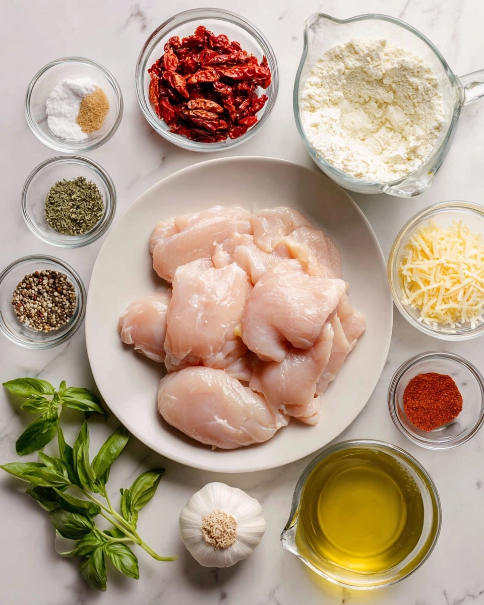 The image shows a white plate in the center with several raw chicken cutlets that are light pink and smooth in texture. Surrounding the plate are small clear glass bowls and containers, each holding different ingredients: one with red sundried tomatoes, another with white flour, one with yellow olive oil, and another with golden-yellow butter. There is a bowl with light yellow grated parmesan, several small bowls with spices like red chili flakes, black pepper, salt, green oregano, and light brown thyme. Near the plate is a small bunch of fresh green basil leaves and a clear glass measuring cup filled with thick white heavy cream. Next to it is a glass pitcher with light green herbal stock. In the middle, between the bowls and plate, there is a whole white garlic bulb. All the items are placed on a white marbled surface for a clean and fresh look. photo taken with an iphone --ar 4:5 --v 7