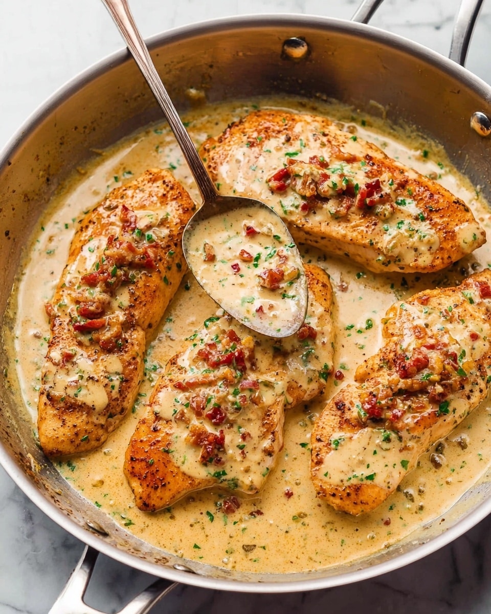 The image shows five golden brown cooked fillets in a silver pan, each topped with a creamy light tan sauce mixed with small red chunks and sprinkled with tiny green herbs. The sauce has a smooth texture with visible bits of ingredients, pooling around the fillets. A large spoon with sauce sits in the pan's right side. The background is a white marbled surface. photo taken with an iphone --ar 4:5 --v 7