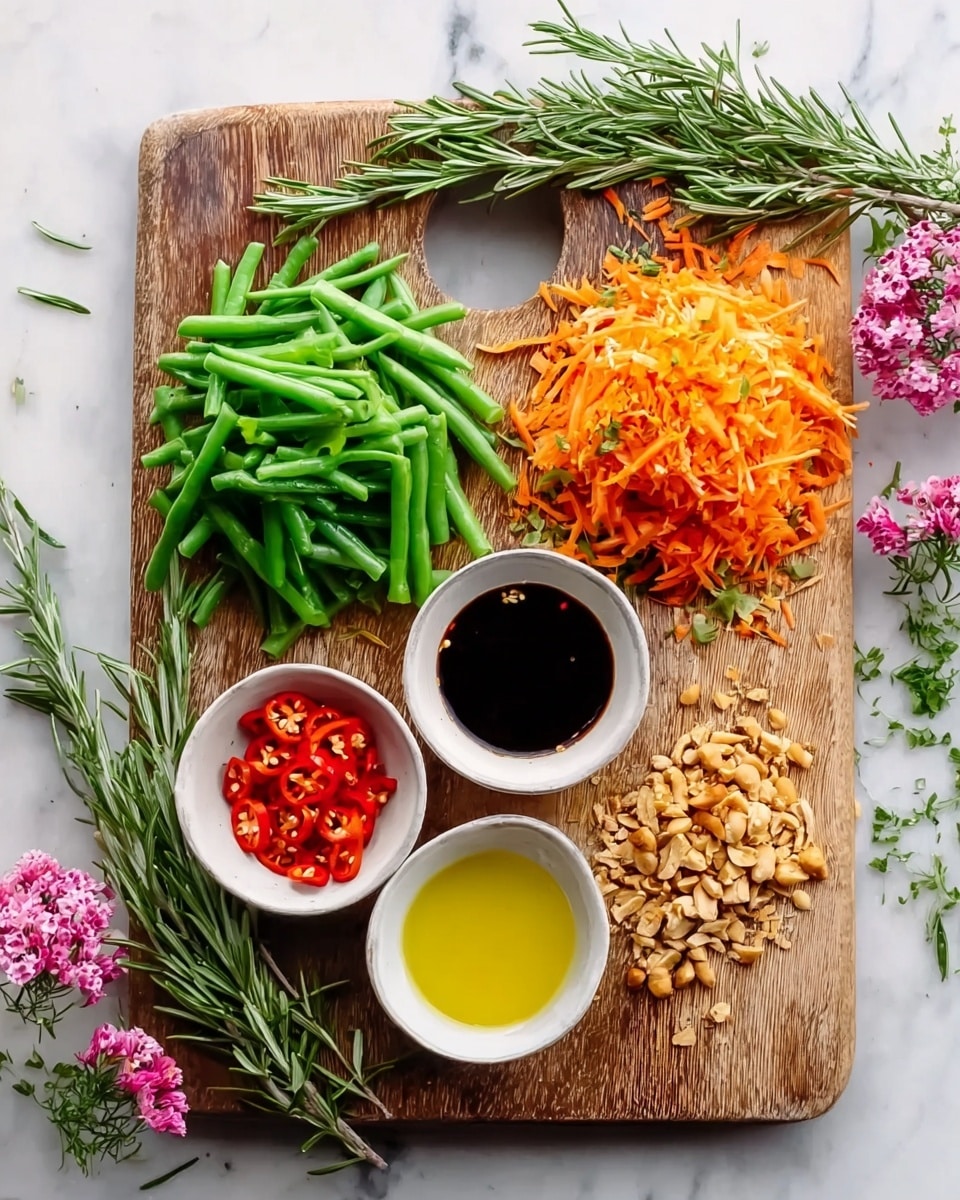 A wooden cutting board on a white marbled surface holds six main elements arranged neatly. On the top left, there is a pile of fresh green beans cut into short pieces with a bright green color and firm texture. To the right of the green beans is a heap of shredded orange carrots mixed with small bits of pale yellow, showing a rough and moist texture. Below these, there are three small white bowls: the left bowl is filled with sliced red chili peppers showing their seeds, the middle bowl contains dark soy sauce with visible red chili flakes floating, and the right bowl holds light golden oil with a smooth surface. Below the bowls near the bottom center of the board is a small pile of chopped nuts in a light brown color, showing a rough and crunchy texture. Scattered around the cutting board are sprigs of green rosemary and small pink flowers adding freshness and color contrast. Photo taken with an iphone --ar 4:5 --v 7