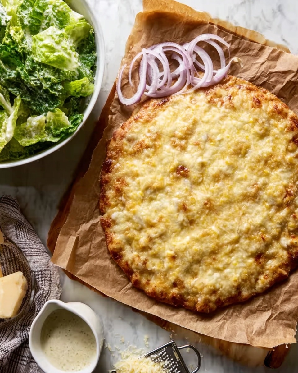 A round, golden brown flatbread topped with melted cheese that looks slightly bubbly and light yellow in color, sitting on a piece of brown parchment paper placed on a white marbled surface. Around the flatbread, there are a few thin slices of purple onion arranged at the top edge. To the left, there is a white bowl filled with green leafy Caesar salad covered lightly in creamy dressing, and beside it, a small white cup with a white sauce inside. In the foreground, a small piece of butter and a grater with cheese shavings are visible. Photo taken with an iphone --ar 4:5 --v 7