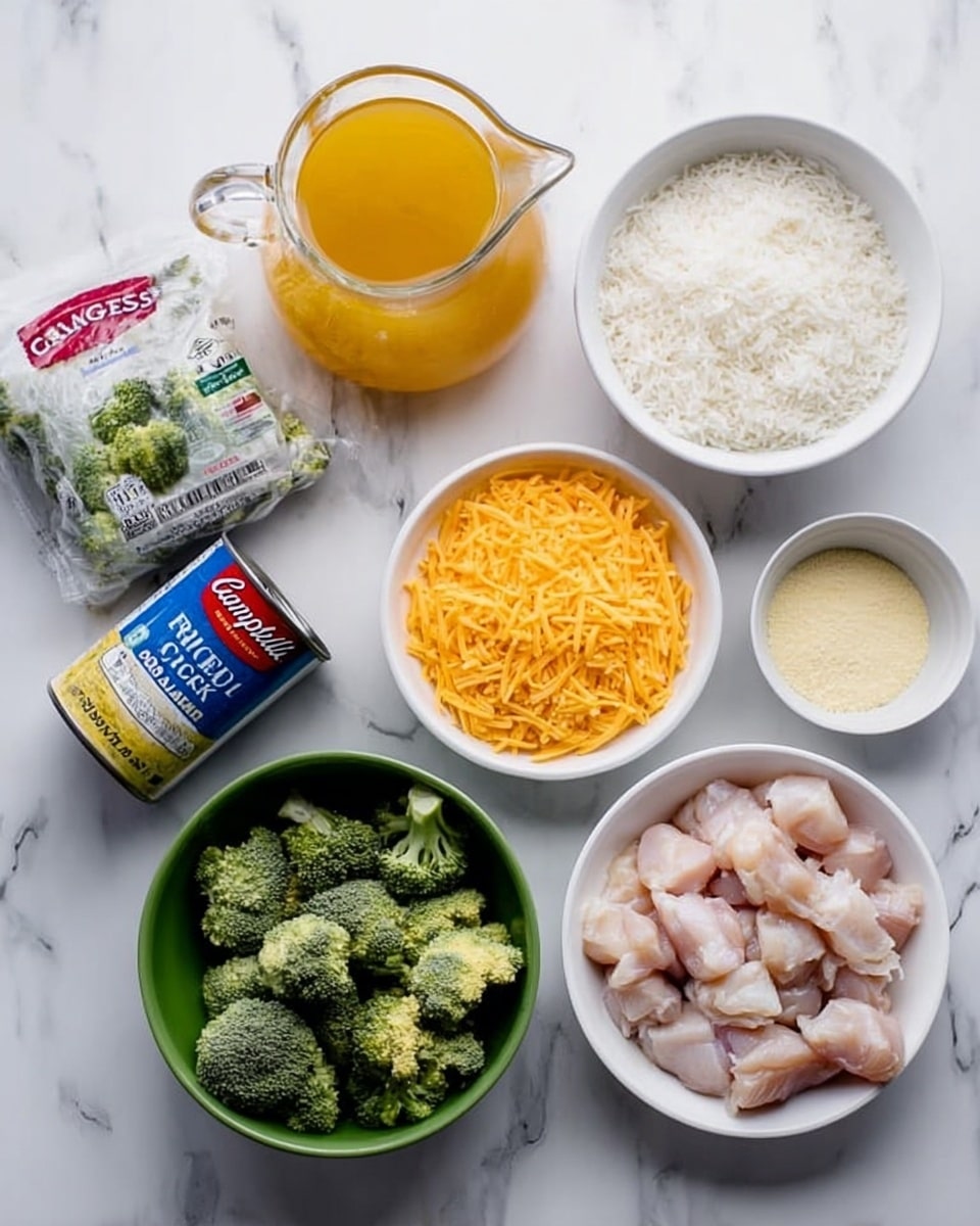The image shows several ingredients arranged on a white marbled surface: a white bowl with raw chicken pieces on the right, a white bowl with shredded orange cheddar cheese below it, a clear glass jug with orange liquid above the chicken, a small white bowl with a light yellow powder in the center, a can of Campbell’s cream of chicken soup to the left of the powder, a white bowl with cooked white rice above the soup can, and a green bowl with frozen broccoli florets partially wrapped in the original bag on the left side. Photo taken with an iphone --ar 4:5 --v 7
