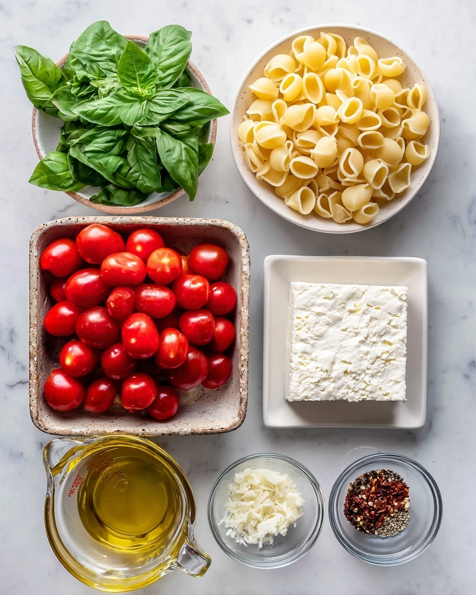 The image shows a white marbled surface with a clear glass bowl full of light yellow pasta shells in the center top. Below it, a white plate holds a rectangular block of white feta cheese with a crumbly texture. To the left side, a rustic rectangular basket is filled with shiny red cherry tomatoes, and above this basket are fresh green basil leaves with a leafy texture. On the right side, small clear bowls hold minced garlic, dark brown chili flakes, black pepper, and white salt, arranged in neat order from top to bottom. Below these bowls, a clear glass measuring cup contains golden olive oil. Each ingredient is labeled with simple black text in white boxes. Photo taken with an iphone --ar 4:5 --v 7