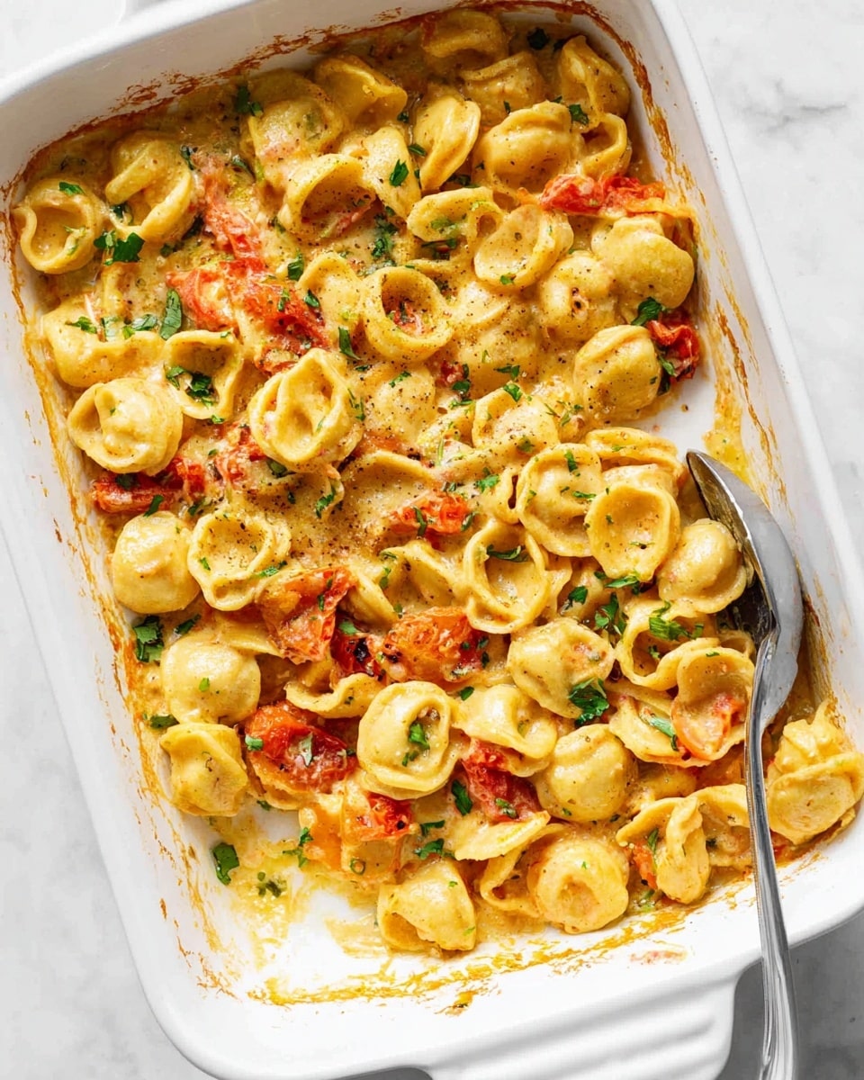A white rectangular baking dish filled with a creamy pasta dish made of small round orecchiette pasta mixed with chunks of orange-red roasted tomatoes, coated in a light yellow creamy sauce with green herbs scattered on top. The pasta looks soft and slightly glossy, with some browned sauce baked around the edges of the dish. A shiny silver spoon rests inside the dish, partly covered with the pasta. The dish is placed on a white marbled surface. photo taken with an iphone --ar 4:5 --v 7