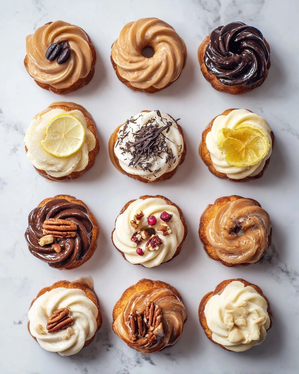 Twelve small round bundt cakes are arranged in a grid on a white marbled surface. Each cake has a golden-brown base with different swirled frosting and toppings. Top row: a light brown frosting with two dark coffee beans, a white creamy frosting, a dark chocolate glaze with chocolate shavings. Second row: a light yellow glaze with a small lemon wedge, a white frosting with chopped pecans, a light brown cake with small red berry pieces. Third row: a white creamy frosting, a dark chocolate glaze with chocolate shavings, a light brown frosting with two dark coffee beans. Bottom row: a white frosting with chopped pecans, a light brown cake with red berry pieces, a light yellow glaze with a lemon wedge. Each frosting layer has a smooth, swirled texture. photo taken with an iphone --ar 4:5 --v 7