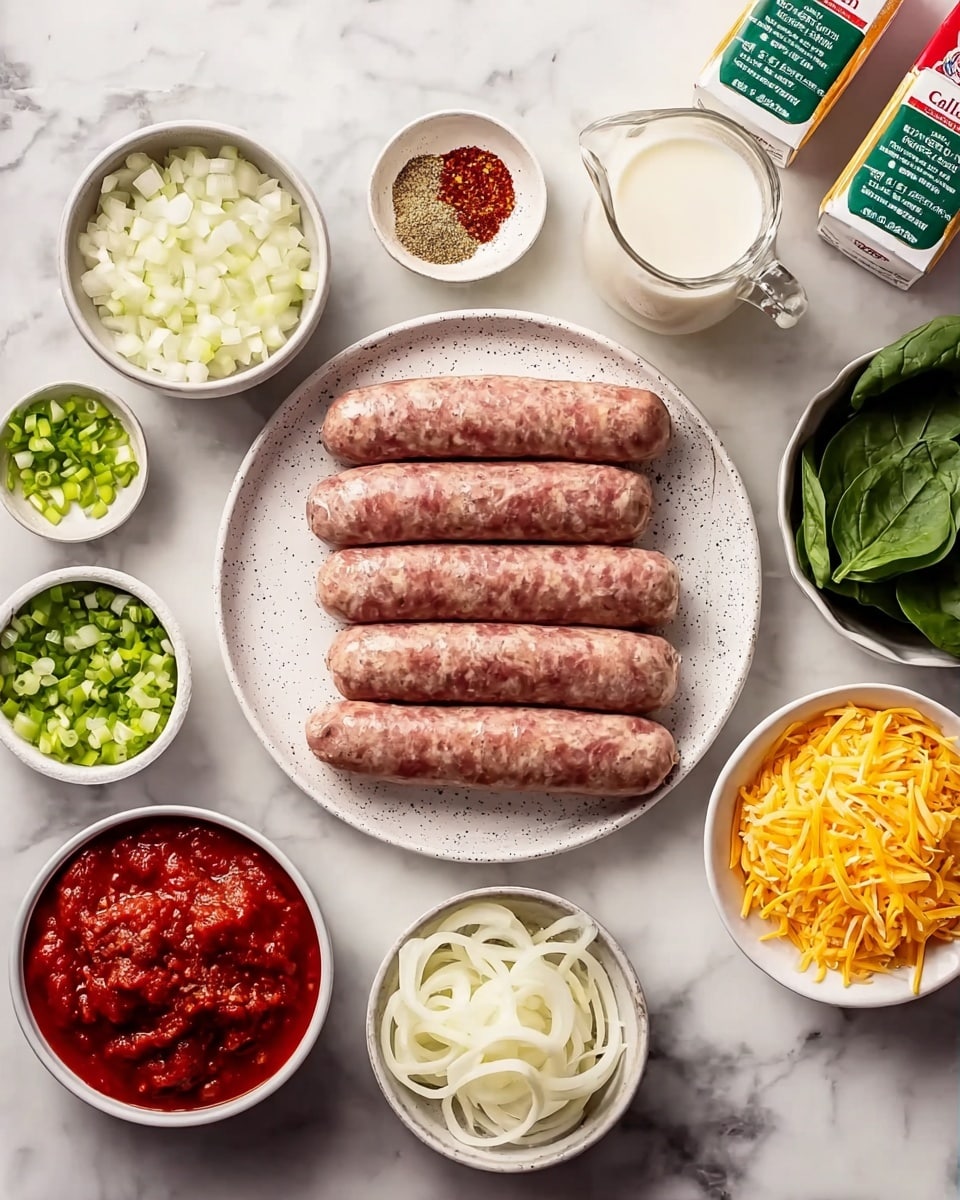 The image shows a white speckled plate in the center with nine raw sausages neatly arranged in two rows, with five on top and four below. Surrounding it are small bowls with different ingredients: to the top left, a bowl of chopped onions with white and green bits; next to it is a small white bowl holding spices including ground powder and red flakes; to the left center is chopped green celery in a white bowl; below that is a bowl with fresh green spinach leaves; to the bottom center is a filled bowl of shredded white cheese; to the bottom right is a white bowl filled with chunky red tomato sauce; to the right center is a bowl with thinly sliced white onion rings; next to that is a white bowl with shredded yellow cheddar cheese; and near the bottom right is a clear glass pitcher filled with milk. The whole setting sits on a white marbled surface with two cartons of broth on the upper left and right edges. Photo taken with an iphone --ar 4:5 --v 7