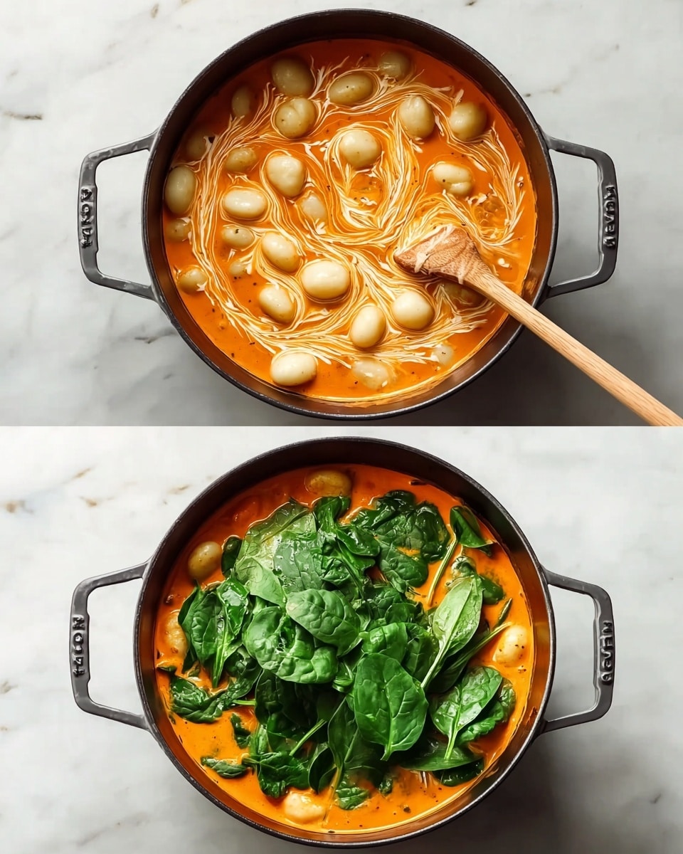 The image shows two stages of a cooking pot with an orange creamy sauce base. The first stage has small white dumplings or gnocchi floating in the sauce with swirls of cream on the surface, along with a wooden spoon stirring on the left side. The second stage adds a layer of fresh, dark green spinach leaves spread across the top of the orange sauce and white dumplings. The pot is black with two handles, and it sits on a white marbled surface. photo taken with an iphone --ar 4:5 --v 7