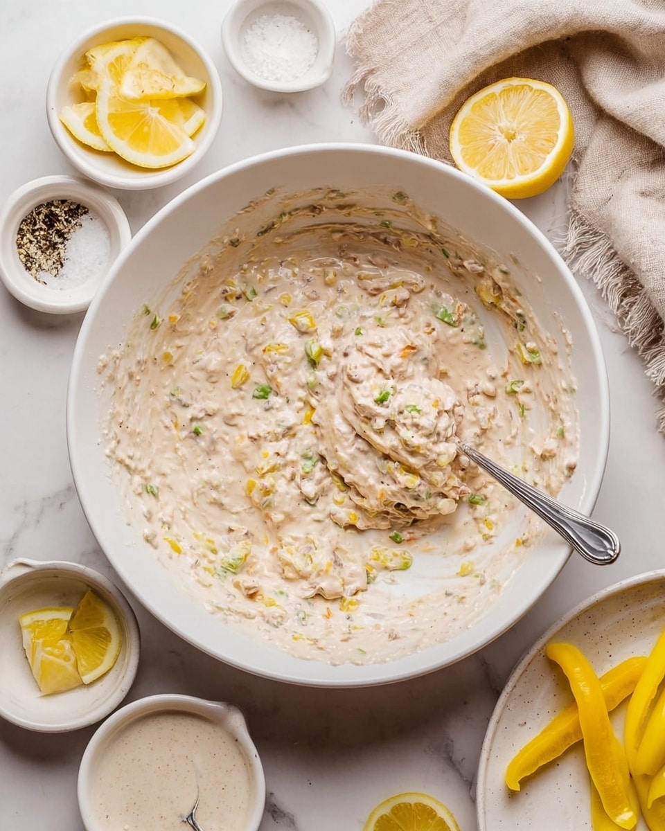 A large white bowl filled with a creamy mixture that is light beige in color with small bits of yellow and green evenly spread throughout. A silver spoon rests inside the bowl, lifting some of the mixture, showing its thick, textured, and slightly chunky consistency. Around the bowl on a white marbled surface are small white dishes holding various ingredients, including lemon wedges, coarse salt, black pepper, and a creamy white sauce with a spoon resting in it. There is also a soft beige cloth partly visible near the bowl, and a small white plate with bright yellow peppers on the right side. photo taken with an iphone --ar 4:5 --v 7