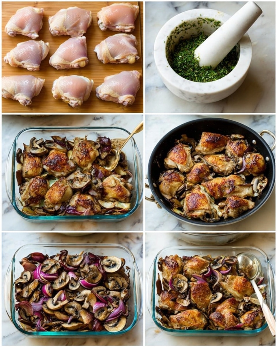 The image shows eight steps of making a cooked chicken dish. First, there are ten pieces of raw chicken thighs with light pink skin on a wooden board. Then, a white marble mortar with green herbs inside and a white pestle. Next, browned chicken pieces with golden brown skin cooking in a black pan. Then, the cooked chicken pieces are placed in a clear glass baking dish. After that, sautéed mushrooms and sliced red onions with golden brown color are in a black pan. The mushroom and onion mix is added over the chicken in the same clear glass baking dish. Then, the dish is cooked together with the chicken and mushrooms browned well. Finally, the dish is garnished with fresh green herbs on top in the clear glass baking dish, all placed on a white marbled surface photo taken with an iphone --ar 4:5 --v 7