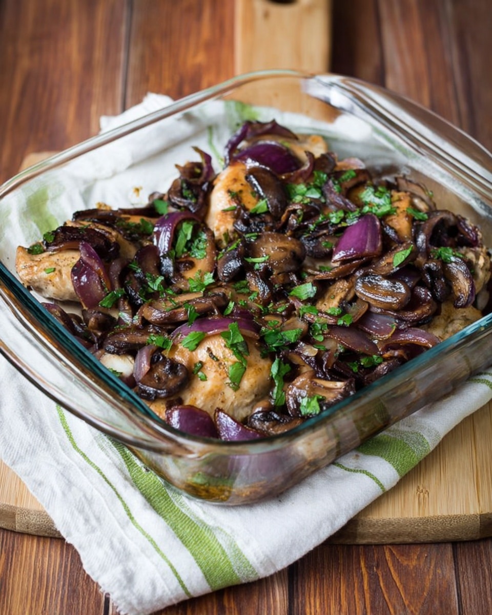 A clear glass square baking dish filled with cooked chicken pieces at the bottom, topped with dark brown sautéed mushrooms and deep purple cooked onion slices scattered all over, garnished with chopped bright green herbs. The dish is placed on a white cloth with thin green stripes, sitting on a wooden board with a natural wood texture. The background shows a wooden surface with warm brown tones. photo taken with an iphone --ar 4:5 --v 7