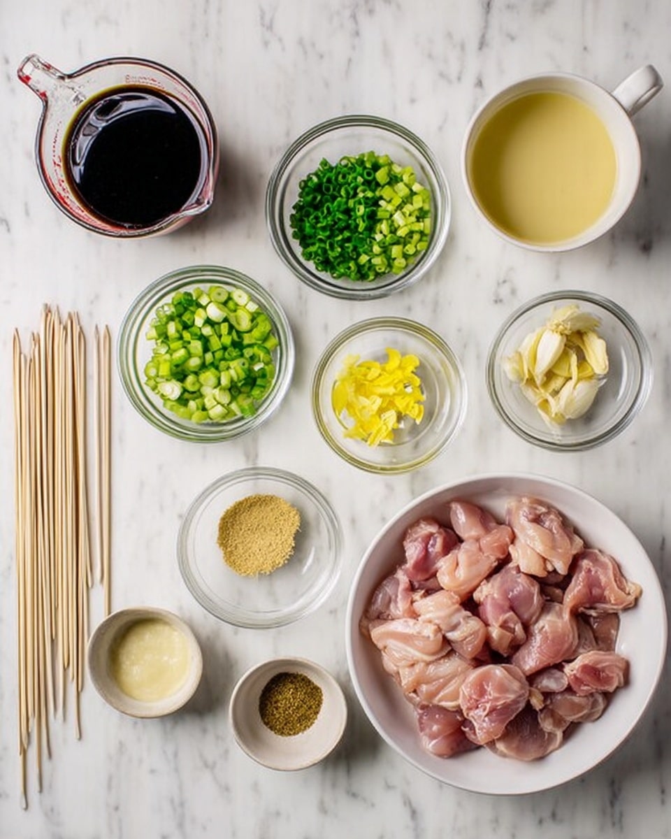 The image shows ingredients for a meal arranged neatly on a white marbled surface. There is a white bowl filled with raw, pink chicken pieces on the right side. Surrounding it are small clear glass bowls holding different yellowish and green items: bright green onion pieces, darker green chopped greens, light yellow ground powder, pale yellow chopped ginger, two small cloves of garlic, and a few yellow flower petals. A medium white bowl holds a light yellow liquid, and a small white bowl has a creamy white sauce. There is a clear measuring cup filled with a dark brown liquid near the top left corner. Wooden skewers are stacked neatly on the left side beside the glass bowls. The photo is taken with an iphone --ar 4:5 --v 7
