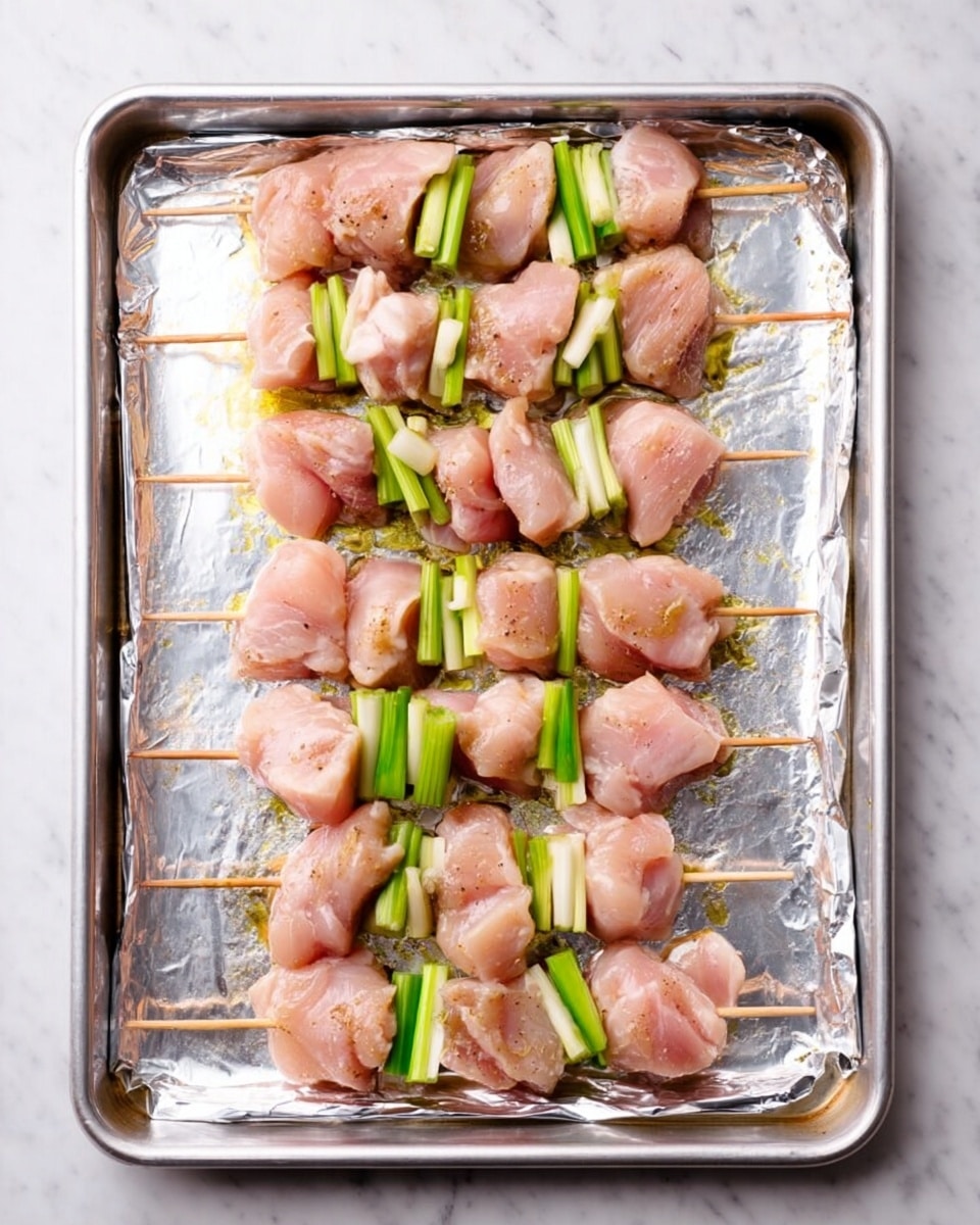 The image shows a baking tray lined with shiny aluminum foil, holding eight skewers of raw chicken pieces and green onion slices. Each skewer is arranged with several chunks of light pink chicken layered with small, thin pieces of bright green onion. The skewers are placed in two neat rows, evenly spaced on the tray. The background is a white marbled surface. photo taken with an iphone --ar 4:5 --v 7