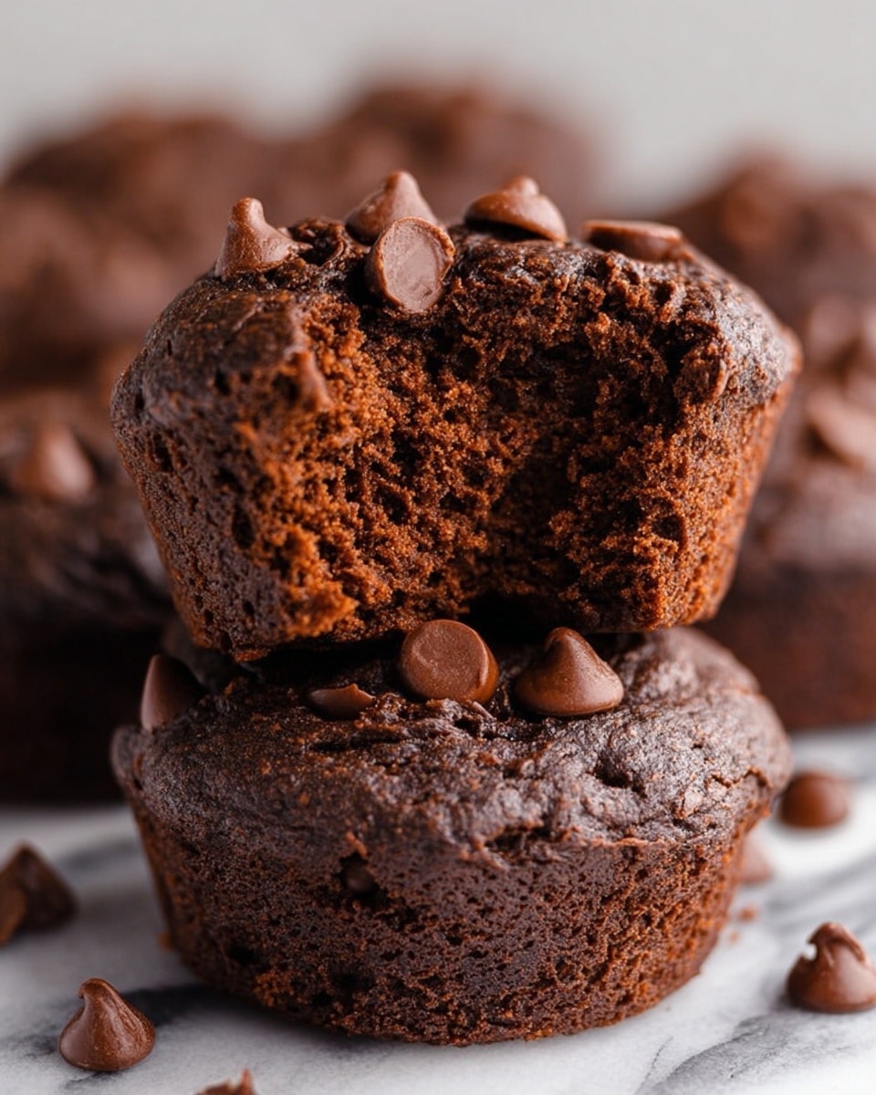 The image shows a close-up of two dark brown chocolate muffins stacked on top of each other. The top muffin has a bite taken out, revealing a soft, moist, and dense crumb inside with a slightly lighter brown texture. Both muffins have a rough, cracked surface with scattered, smooth dark chocolate chips on top and around them. The background is filled with more chocolate muffins, sitting on a white marbled surface. Photo taken with an iphone --ar 4:5 --v 7