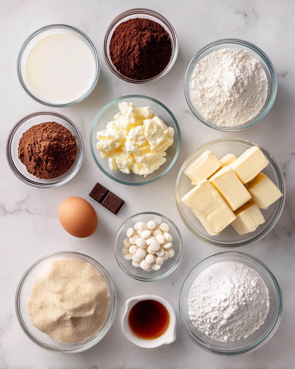 The image shows a top-down view of various baking ingredients placed carefully on a white marbled surface. These include clear glass bowls filled with white buttermilk, dark brown cocoa powder, white sugar with a slightly coarse texture, light brown sugar with a crumbly texture, white flour, small white baking powder, and round white chocolate chips. There is also a clear bowl containing two pale yellow blocks of butter, a single brown egg, a small bowl with a dark amber vanilla extract, and a small white jar labeled Red Food Coloring in the center. All ingredients are distinct with natural colors and textures, arranged evenly with space in between. Photo taken with an iphone --ar 4:5 --v 7