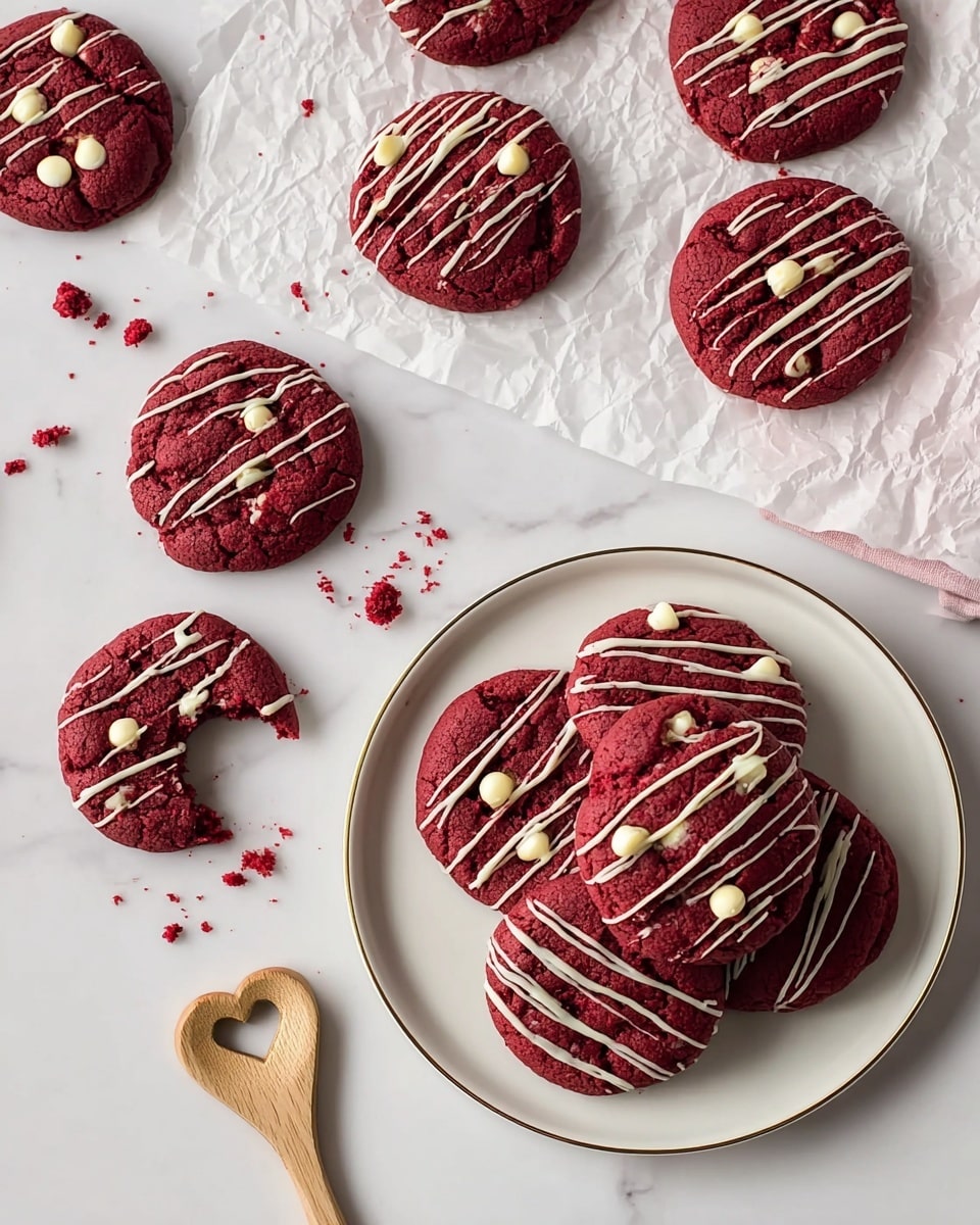 The image shows a group of round, soft-looking deep red cookies with white chocolate chips baked inside, arranged in two groups on a white marbled surface. One group is on white parchment paper with six cookies laid flat, one of them having a bite taken out, with small red crumbs scattered nearby. The second group is on a white plate with a thin gold rim, holding five cookies stacked in a slightly overlapping way. Each cookie is decorated with thin white chocolate drizzles that run horizontally across the top, adding contrast to the dark red surface of the cookies. In the lower left corner, there is a light wooden spoon with a heart-shaped hole in the handle. The overall scene is clean and bright, highlighting the rich red color and textures of the cookies photo taken with an iphone --ar 4:5 --v 7