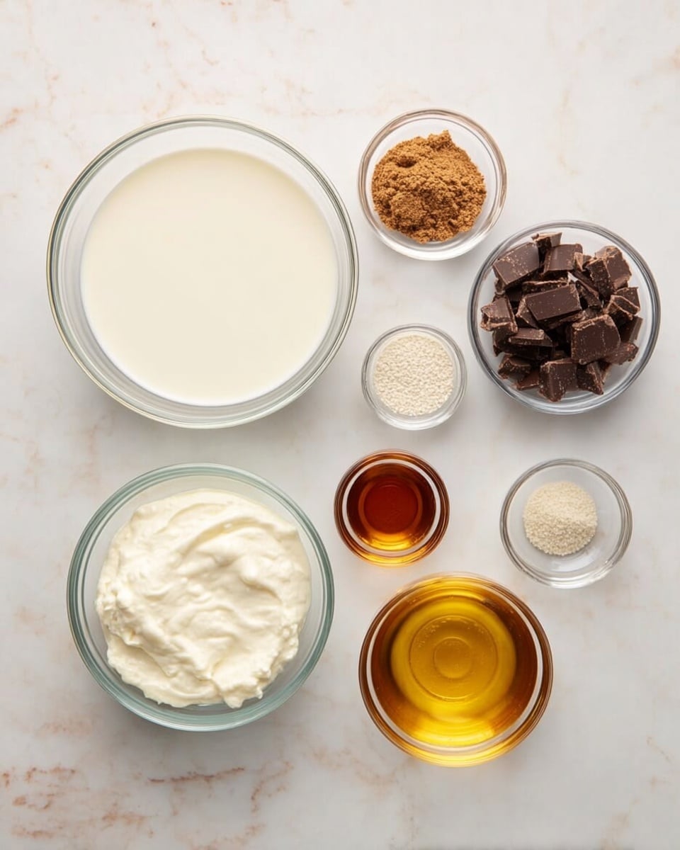This image shows a flat layout of eight clear glass bowls with different ingredients on a white marbled surface. The largest bowl on the left holds a smooth, white liquid. Next to it towards the right are two medium bowls: one with light brown sugar and the other with chocolate pieces. Below these are smaller bowls, one with a light brown powder, another with a dark amber liquid, and a tiny one with a white grainy substance. At the bottom left is a small bowl with a thick white creamy substance, and to its right is a medium bowl with a translucent golden liquid. The bowls are spaced evenly and the overall arrangement feels neat and organized. Photo taken with an iphone --ar 4:5 --v 7