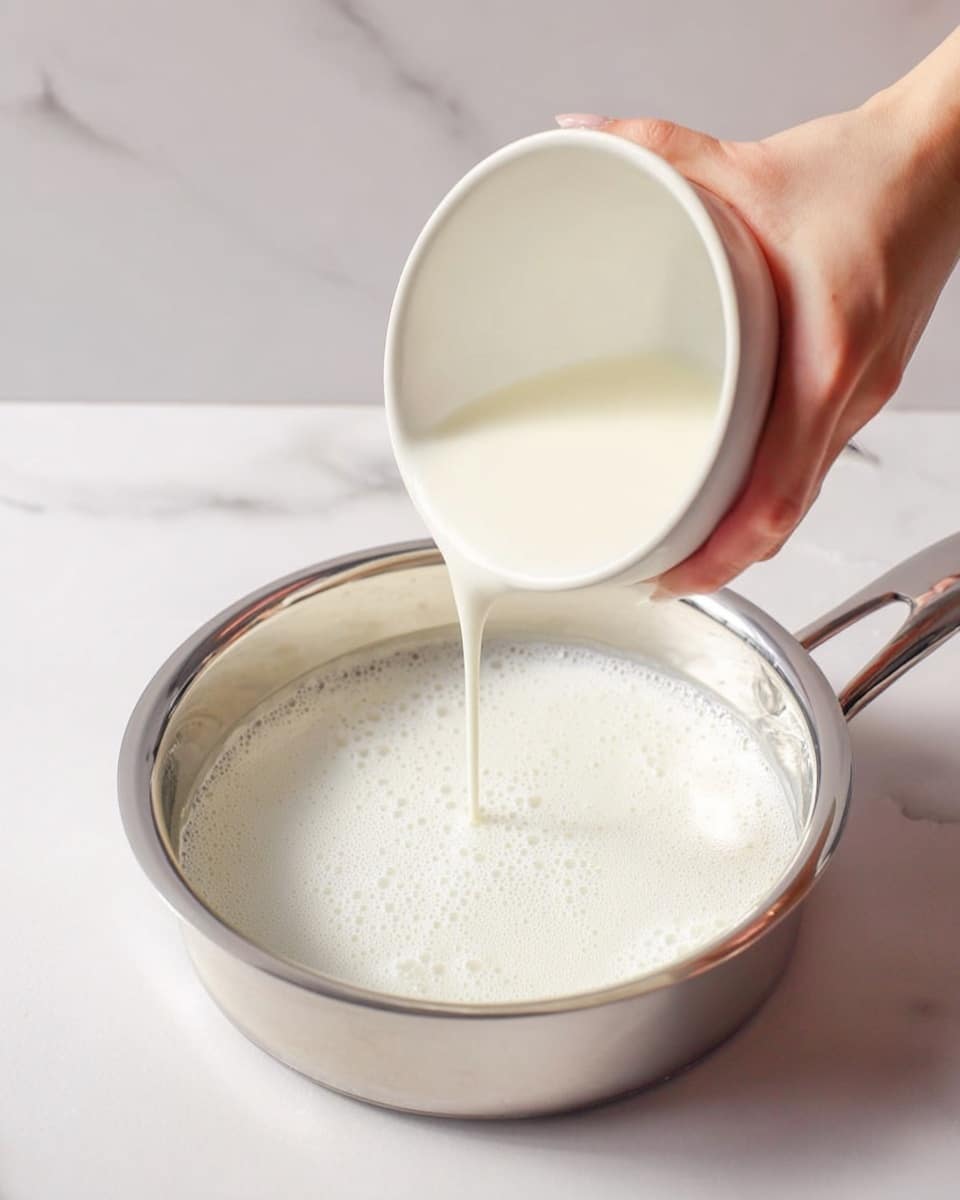 A shiny silver pan is filled with a white liquid that has bubbles on the surface, and a woman's hand is holding a white bowl pouring more of the same white liquid into the pan. The scene is set on a white marbled surface with soft, natural light highlighting the smooth, creamy texture of the liquid. Photo taken with an iphone --ar 4:5 --v 7