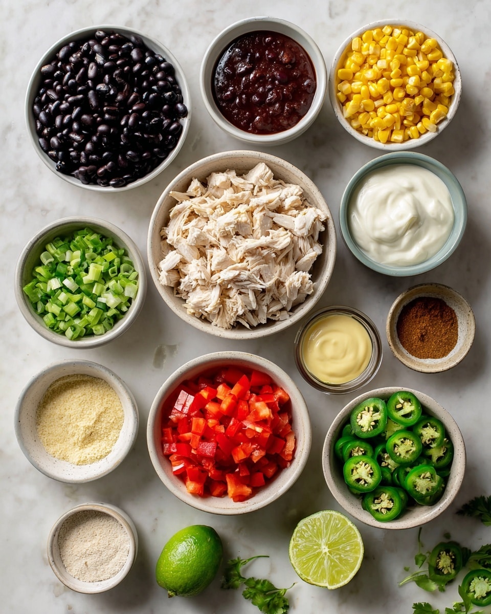 The image shows an overhead view of several small white bowls arranged on a white marbled surface, each holding different colorful ingredients. Starting from the top left, there is a bowl with shiny black beans, next to it a bowl with yellow canned corn, and next to that a bowl with dark red salsa. Below the salsa is a bowl filled with smooth white Greek yogurt. In the center is a bowl with light beige chunks of rotisserie chicken. To the left of the chicken, a bowl holds finely chopped green onions, and below that a bowl with bright red chopped bell pepper. To the right of the chicken is a bowl with small green jalapeno pieces, with halved jalapeno peppers placed beside it. Below the chicken and to the left are two small bowls; one with light yellowish mayo and another with pale ranch powder. On the far bottom left side is a small bowl of brown taco seasoning powder, next to an uncut green jalapeno. On the right side of the image is a halved bright green lime. The colors of the ingredients vary from dark to light, creating a vibrant mix. Photo taken with an iphone --ar 4:5 --v 7