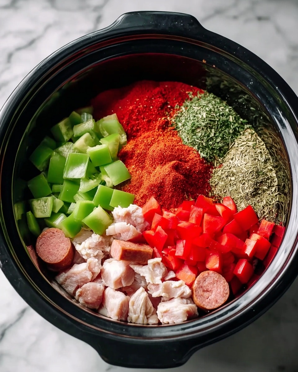 The image shows a black slow cooker with seven layers of ingredients arranged separately inside. At the base, there are small white chunks of raw chicken on the right side. Around the chicken, there are bright red diced bell peppers and slices of light brown sausage. On top of and near the sausage and chicken, there are scattered green bell pepper chunks. Towards the middle and upper part of the cooker, there are neat piles of spices in different colors: a bright red powder in the center, green dried herbs on the top right and a similar green herb pile on the bottom right. Another green herb pile is on the top left near the red spices. The background surface is a white marbled texture. photo taken with an iphone --ar 4:5 --v 7