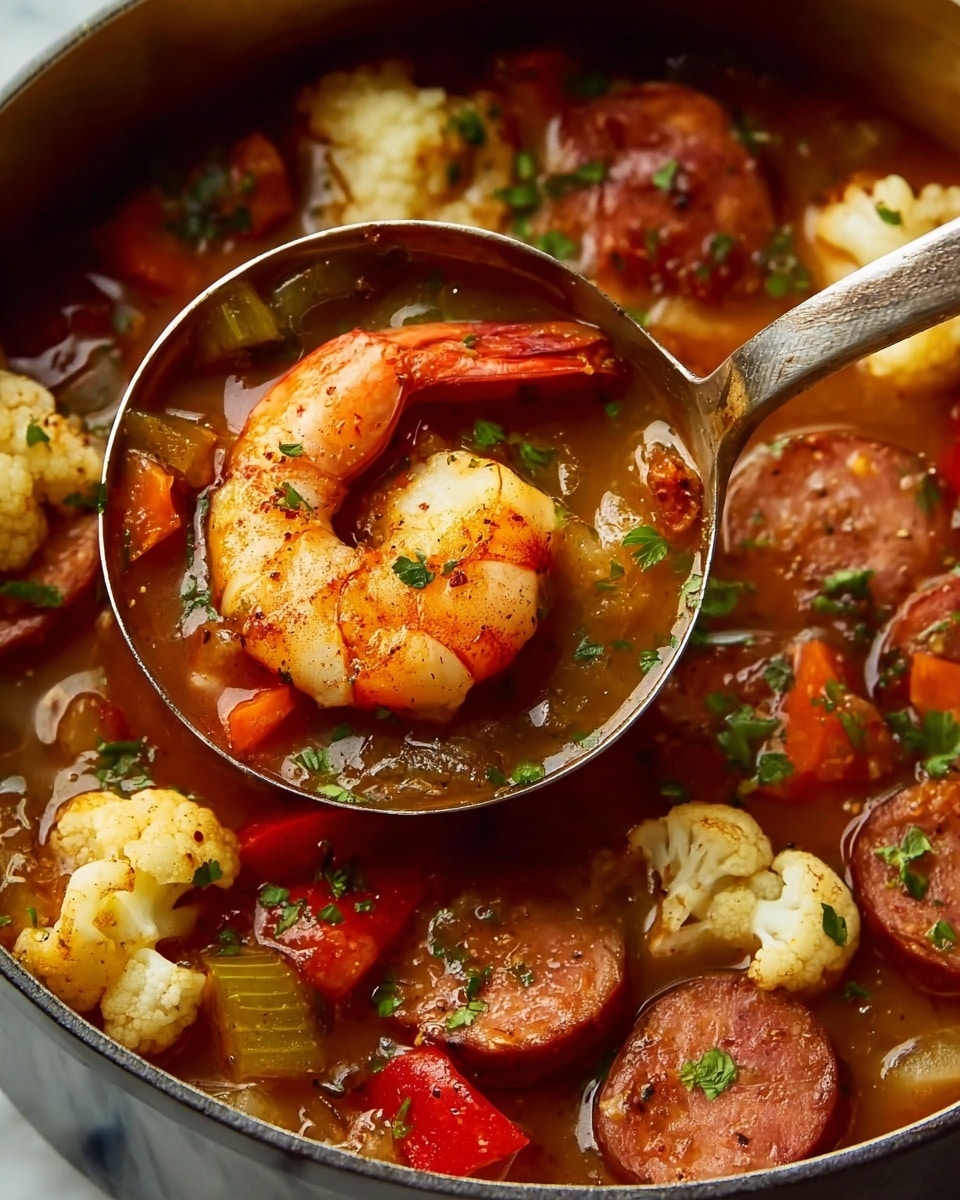 A shiny silver ladle holds a close-up of a stew featuring one large orange shrimp with light white stripes on top, surrounded by reddish-brown sausage slices, small red bell pepper pieces, light green celery chunks, and small white cauliflower florets, all in a rich reddish-brown broth sprinkled with green herbs. More shrimp, sausage slices, and cauliflower pieces float in the same stew inside a dark pot with a white marbled texture visible around the edges. photo taken with an iphone --ar 4:5 --v 7